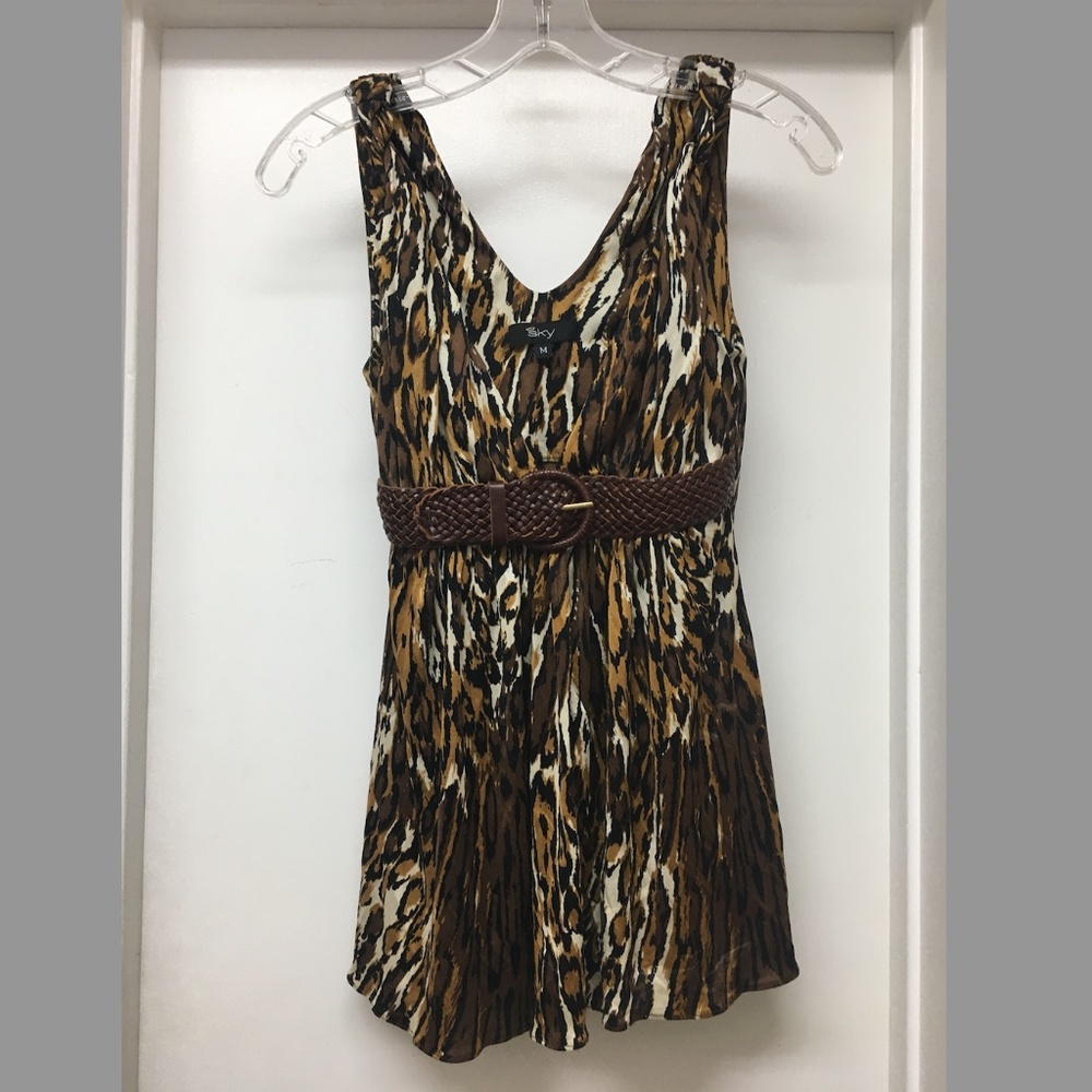 SKY BRAND SILK ANIMAL LEOPARD PRINT TOP LEATHER BELT EUC - Picture 1 of 7